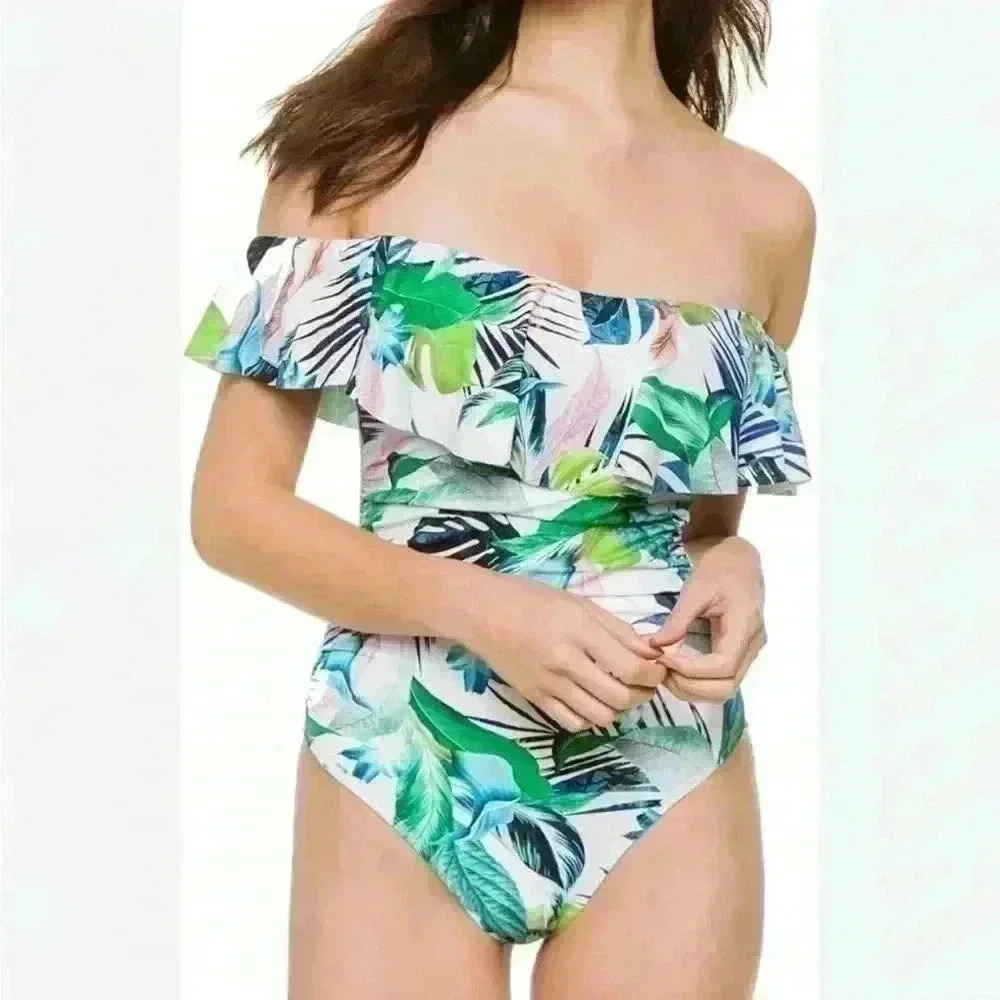 La Blanca Swimsuit Women's Size 12 Tropical One Piece Off Shoulder Ruffle Miami